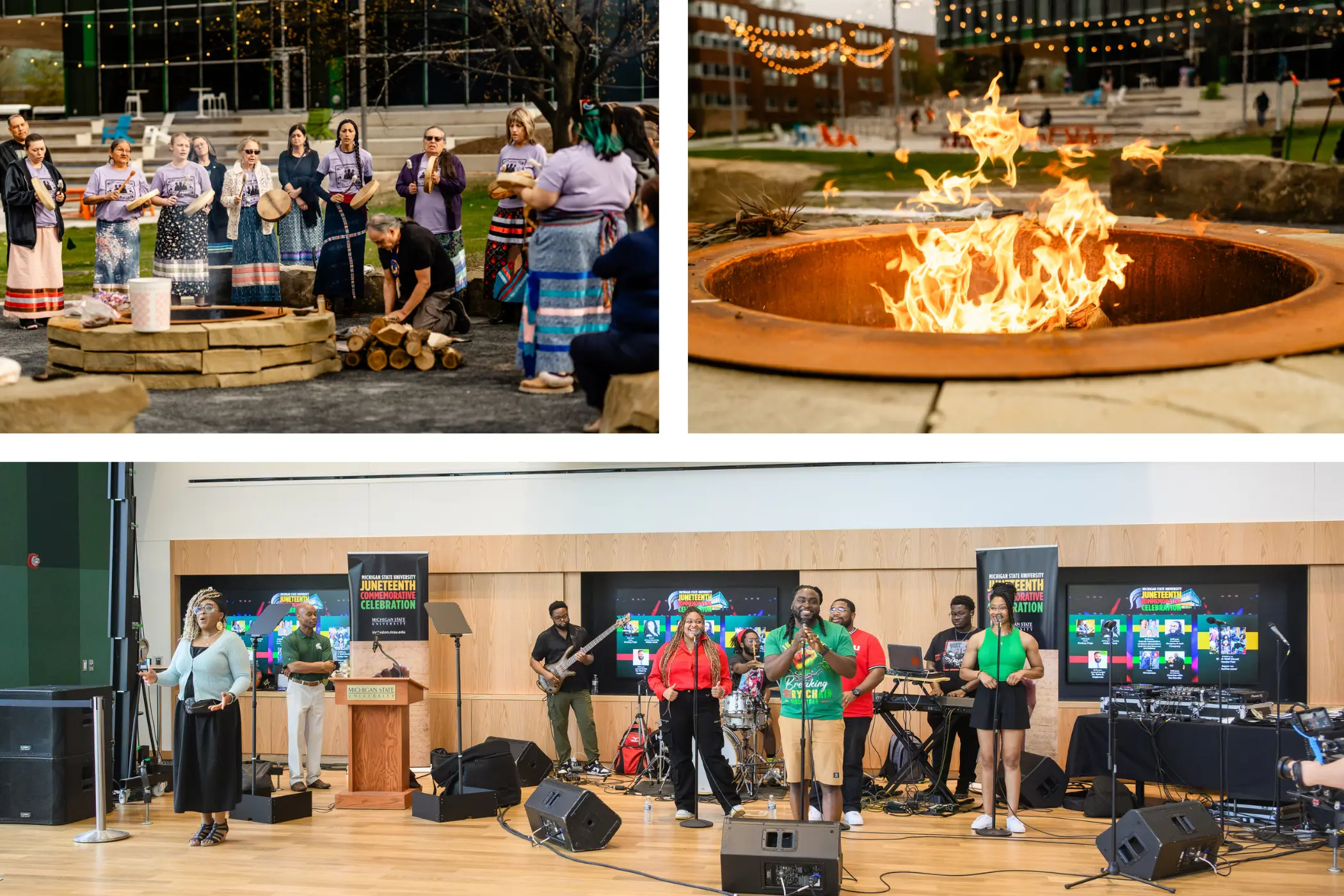 Collage of three images featuring an outdoor fire pit and amphitheater space and indoor performance with singers and a band