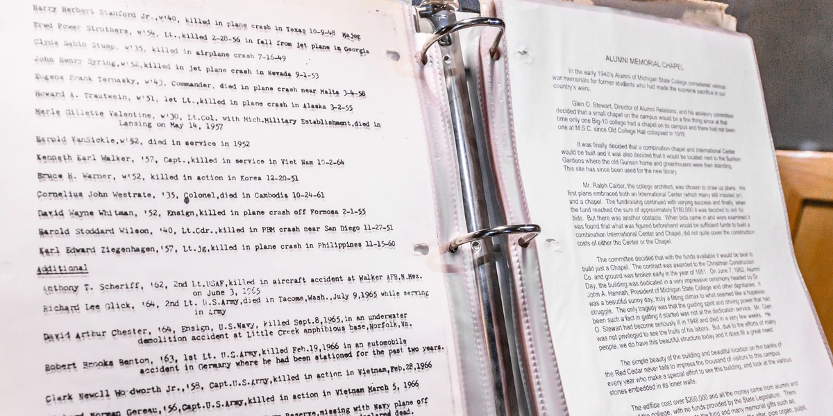 Binder with information about Alumni Chapel