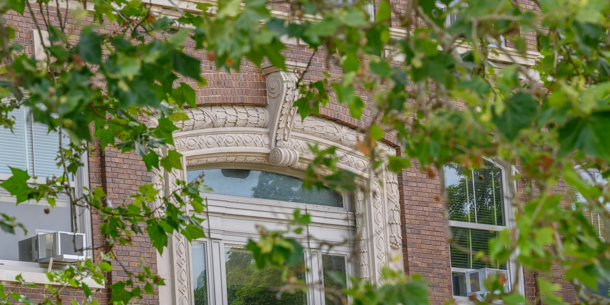 Olds Hall window framed by summer leaves