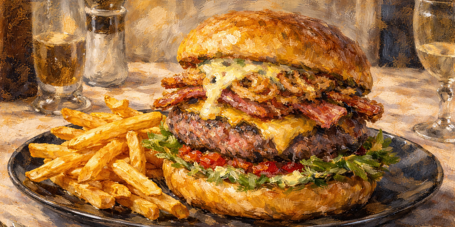 Impressionist-style painting of a gourmet burger served medium-rare on a black plate with French fries, featuring a brioche bun, melted cheddar, bacon, fried onions and béarnaise sauce, set on a café table reminiscent of a Paris bistro.