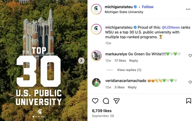 An Instagram post from Michigan State University with the caption, "Proud of this: USNews ranks MSU as a top 30 U.S. public university with multiple top-ranked programs." The post features a series of graphics sharing MSU's top rankings.