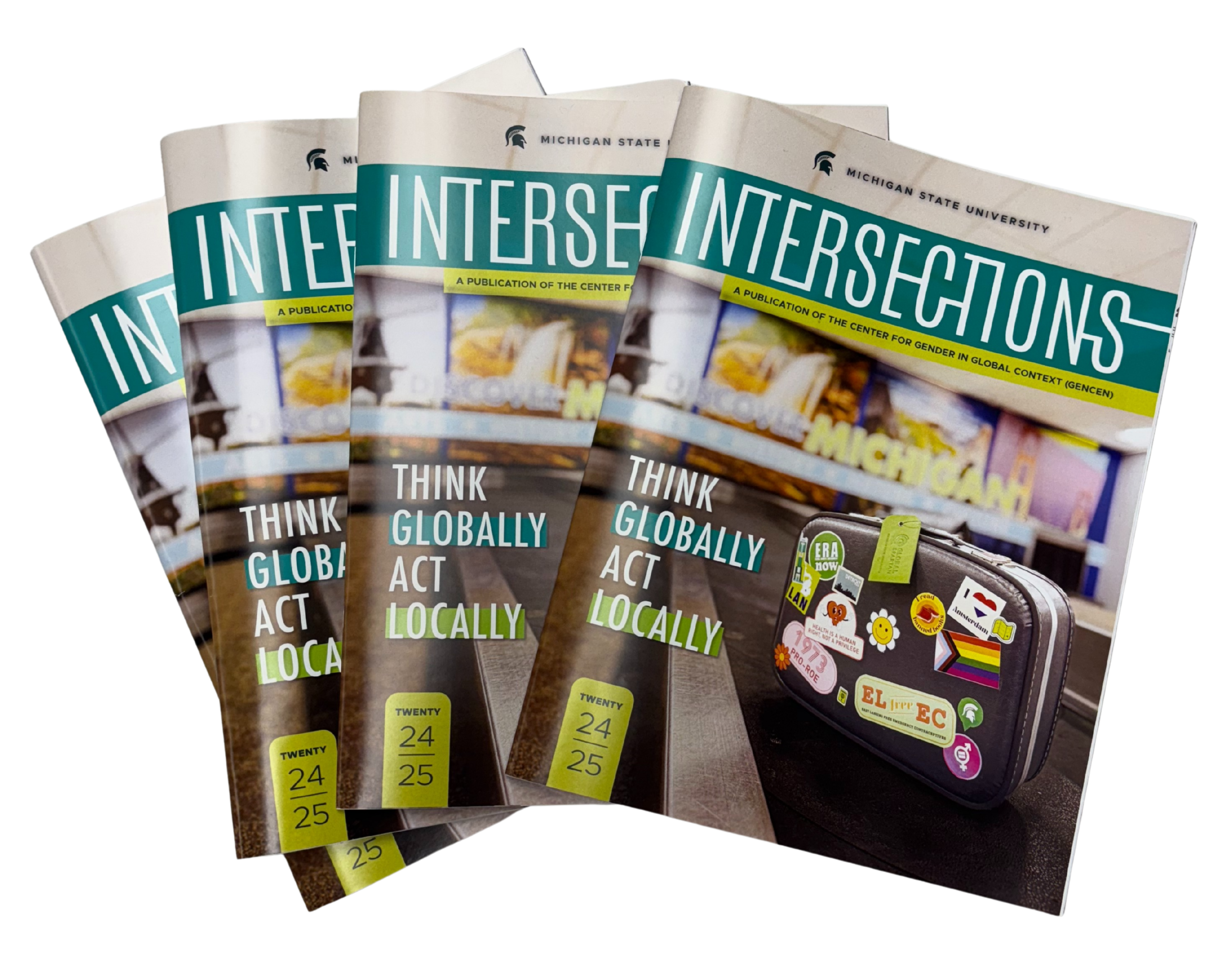 Several copies of the print Intersections magazine cutout