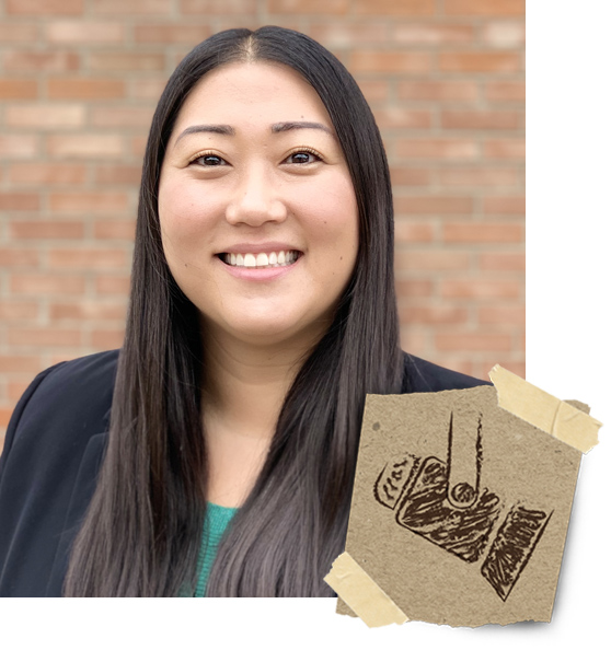 Portrait of Brady Velazquez smiling accompanied by a drawn graphic depicting a finger pressing a button.