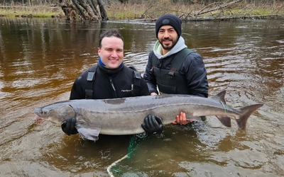 2 people holding a sturgeon