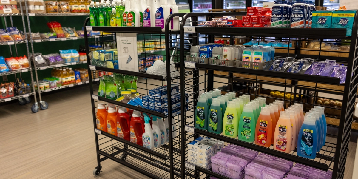 Photo of shelves holding hygiene and personal health items inside the Spartan Shelf- Union location
