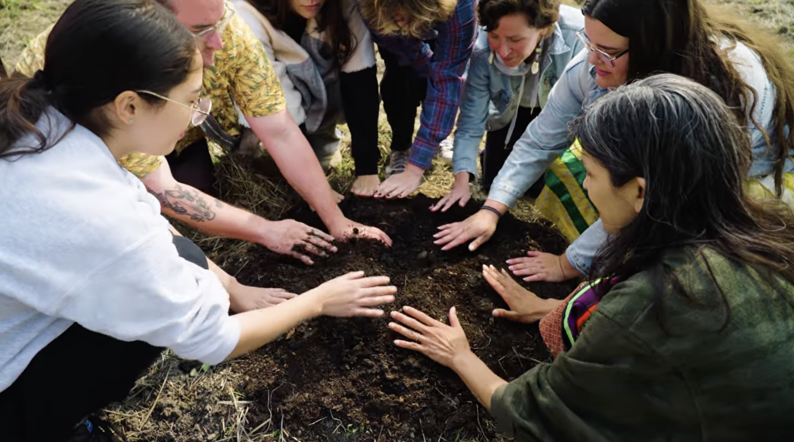 A group of women plants seeds into the soil