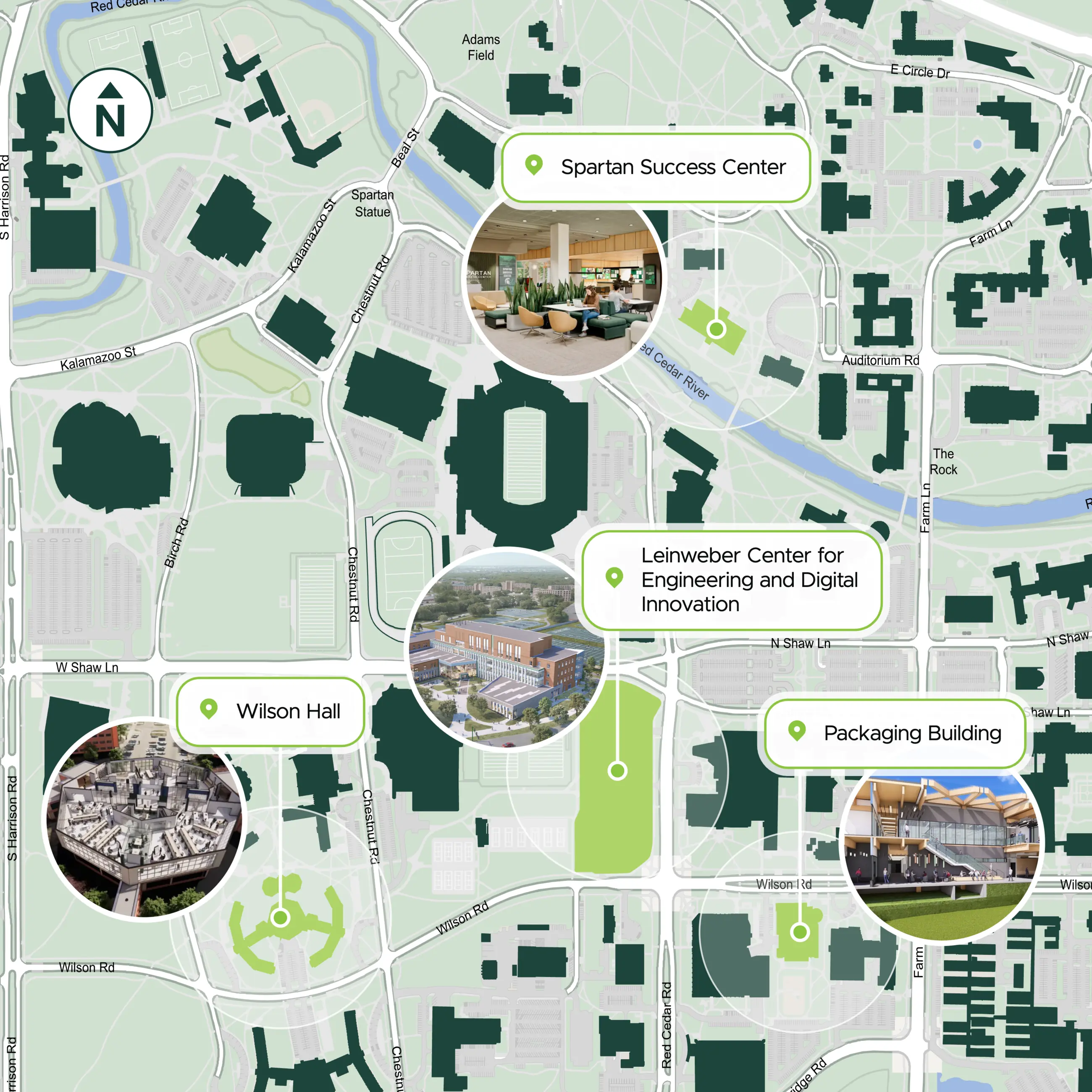Michigan State University campus map highlighting four campus locations.