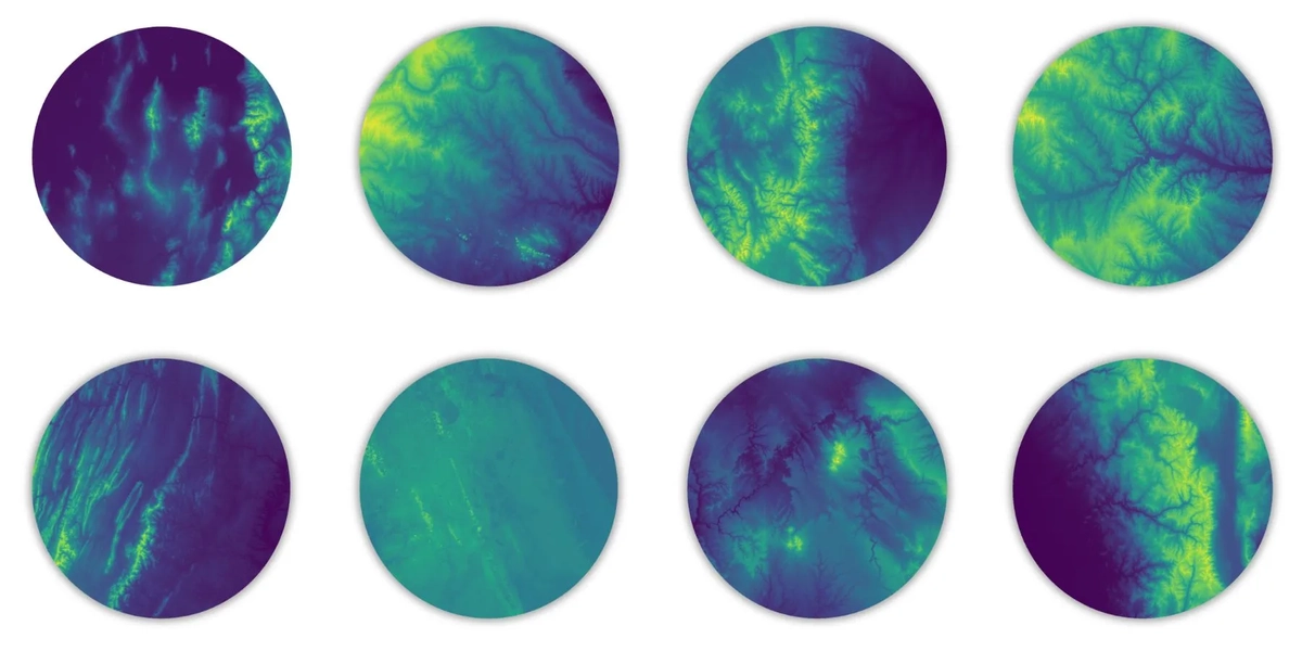 Eight circular topographic elevation maps display terrain patterns and drainage networks in blue, green and yellow gradients.