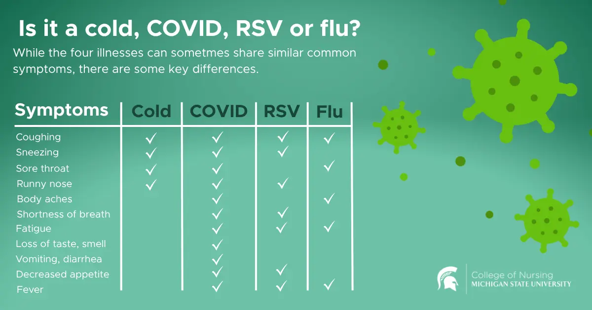 MSU College of Nursing chart comparing symptoms of cold, COVID-19, RSV, and flu.