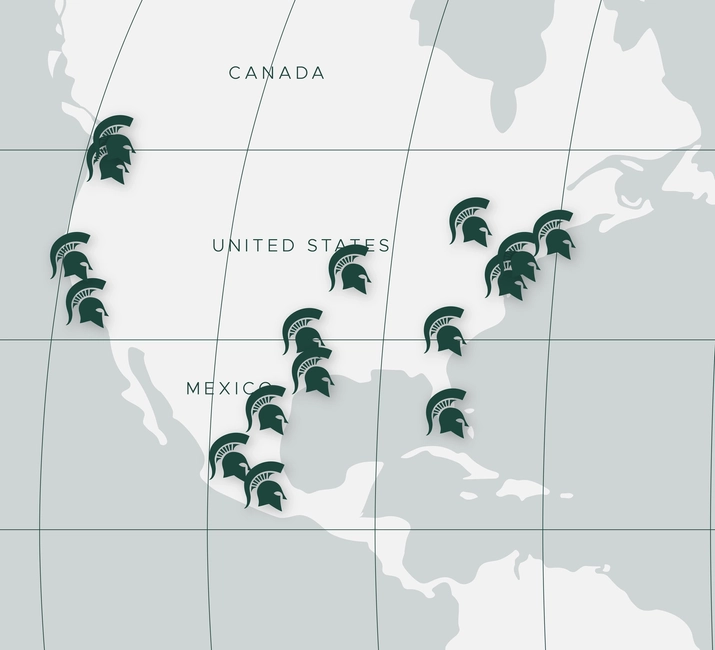 A map of North America with Spartan helmet markers pinned to 16 FIFA World Cup 2026 host stadiums across Canada, the United States and Mexico.