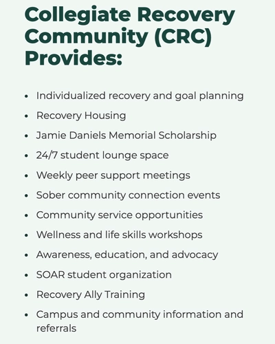 Text graphic listing Collegiate Recovery Community services and resources