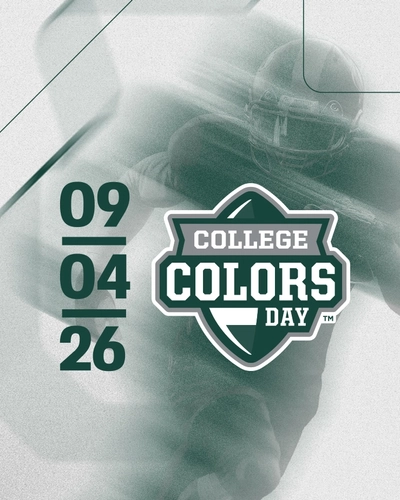 A graphic with text, "09/04/26, the best way to show up is to stand out" and the College Colors Day logo underneath the Spartan helmet. The graphic features decorative football-themed elements.