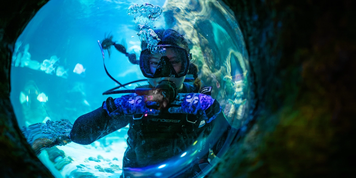 Wide-angle view of Dana MacCallumMhor  in scuba gear underwater in an aquarium