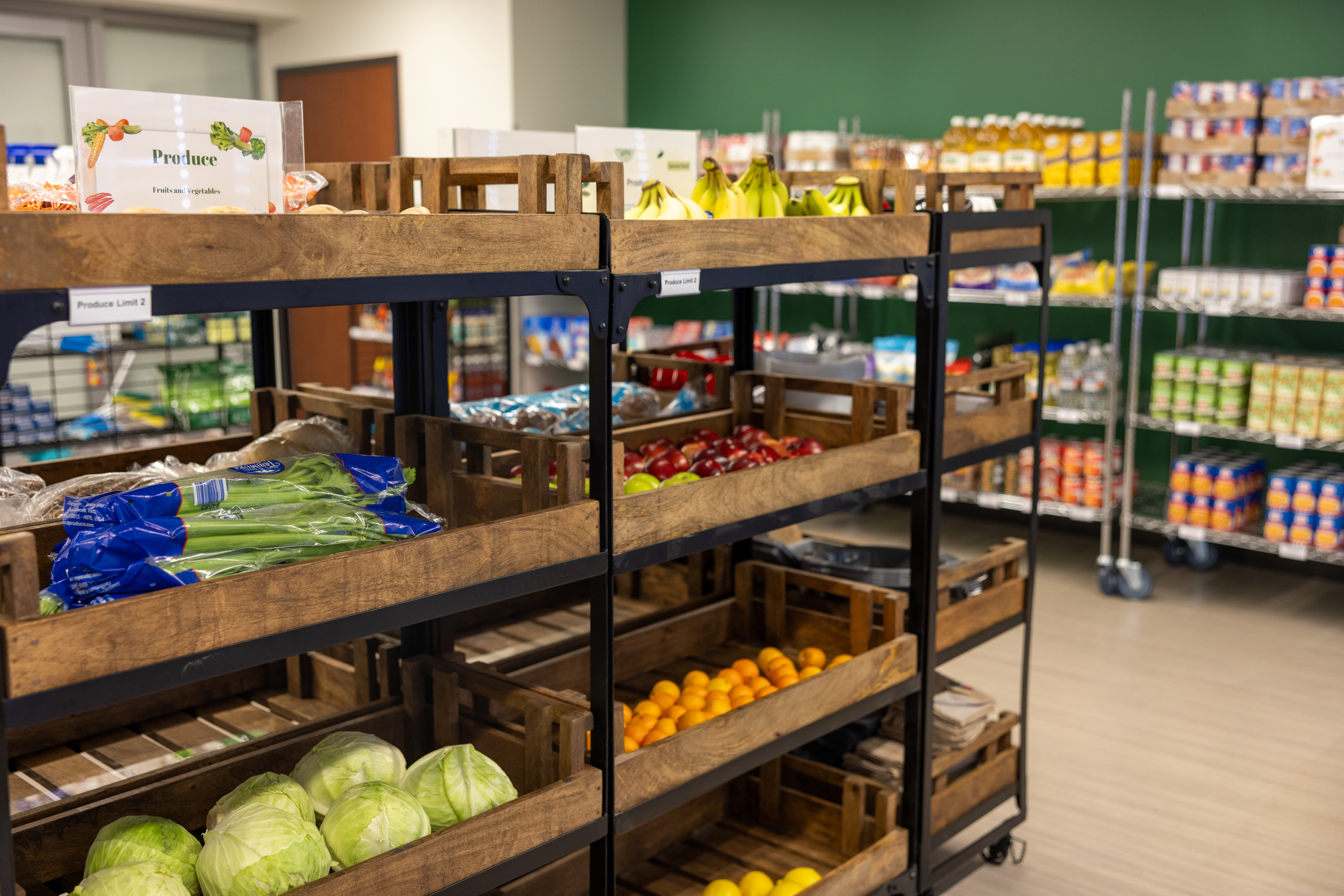Fresh produce on shelves at a food pantry