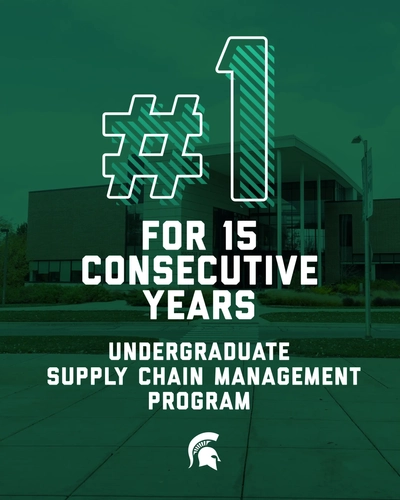 “#1 for 15 consecutive years” supply chain program graphic at Minskoff Pavilion.