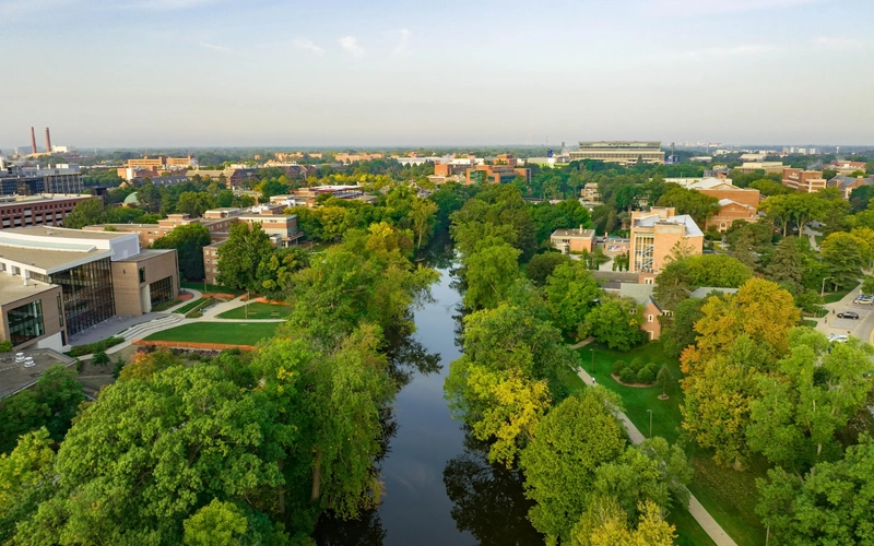 Aerial view along the Red Cedar River