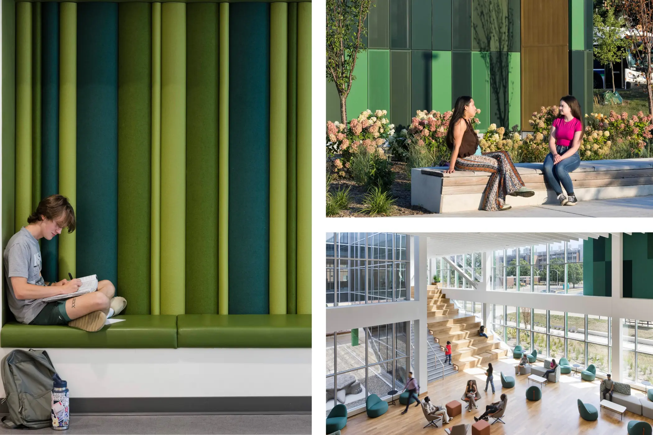 collage of three photos featuring students talking and studying around a building