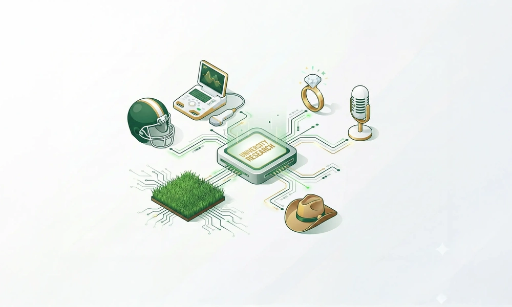 Illustration showing university research connecting technology, agriculture, health, media, and innovation.