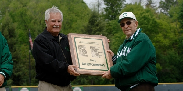 Ron Mason and Danny Litwhiler with a commemorative plaque.