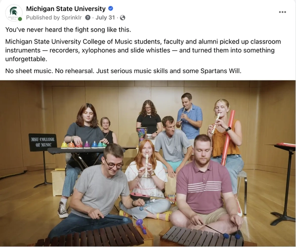Screenshot from Michigan State University Facebook post. Image shows people from MSU's college of music playing classroom instruments. The post caption explains the project and how they are playing the fight song.