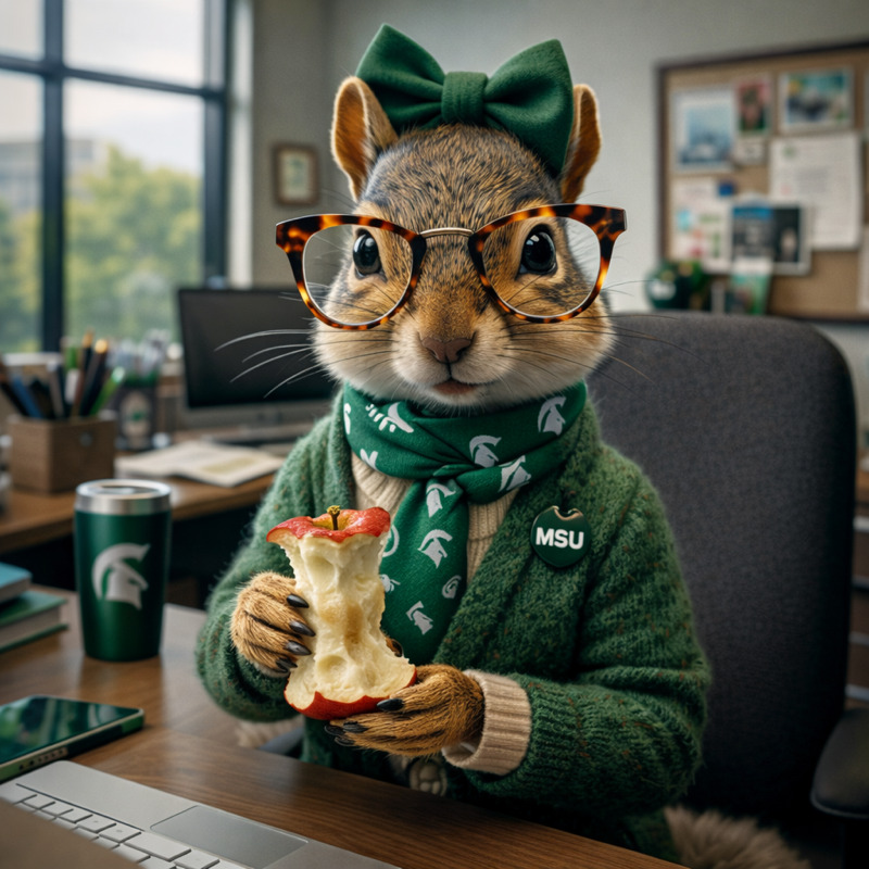 Addy Acorn, a squirrel character dressed in green MSU-themed business attire with glasses, scarf and bow, sits at an office desk holding an apple core, with a computer and office items in the background.