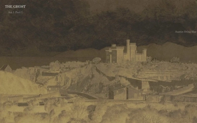 Album cover for Austin Oting Har’s “The Ghost — Act I: Part I," which depicts trees, hills and a castle in the distance.