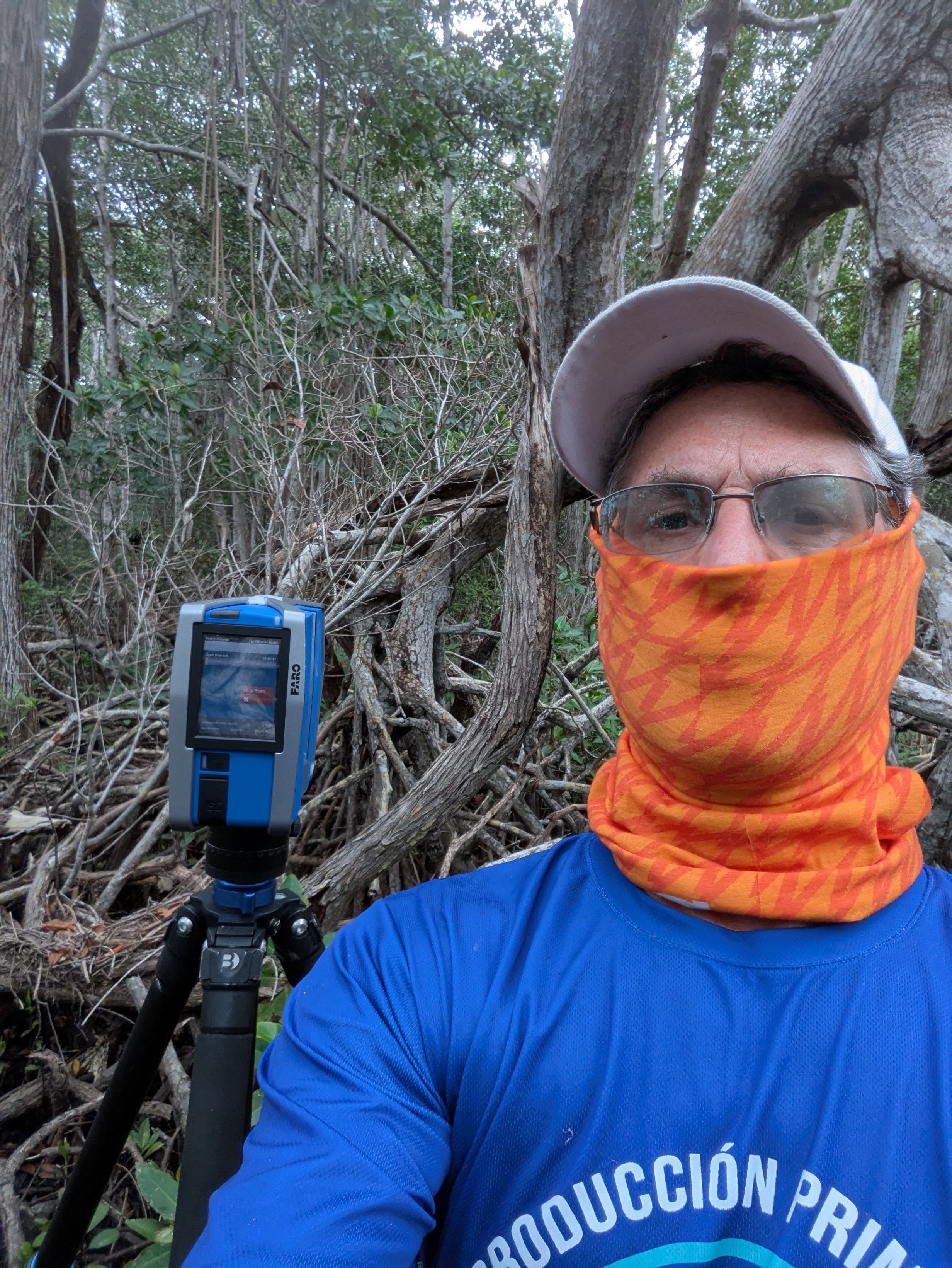 Dr. MacFarlane scanning mosquito-infested mangrove plot.