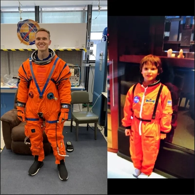 Side-by-side image of NASA engineer Nicholas Houghton as an adult wearing an Orion Crew Survival System suit and as a child at space camp in a spacesuit costume.