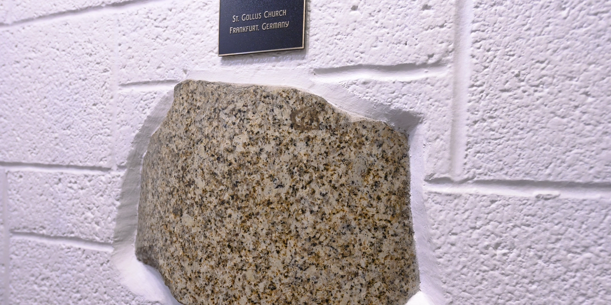 A stone from St. Gollus Church in Frankfurt, Germany embedded into the wall of the MSU Alumni Memorial Chapel
