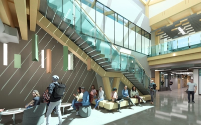 Rendering of the new interior of the Packaging Building showing light through a glass roof, people stilling in gathering spaces and a staircase to the new second floor.
