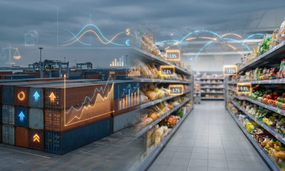 Illustration linking shipping containers and grocery shelves with economic data overlays.