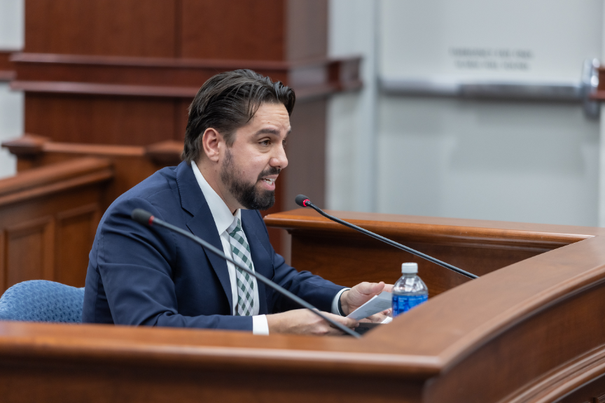 Photo of Professor David Ortega testifying before the Michigan Senate Natural Resources and Agriculture Committee at a hearing on the “Impact of Tariffs on Food Costs and Supply Chains”. December 10, 2025