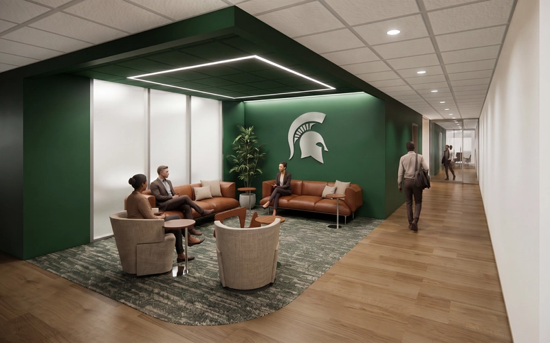 An interior view of the Rosenberg Center showcasing a green wall with a white Spartan helmet and an indoor lounge area.