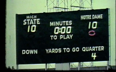 Scoreboard at the end of the 1966 MSU vs. Notre Dame football game, showing a 10-10 tie.
