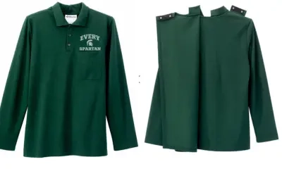 Front and back view of a green long-sleeved polo with "Every Spartan" text and helmet logo. Back view shows black openings and closures at the shoulders.