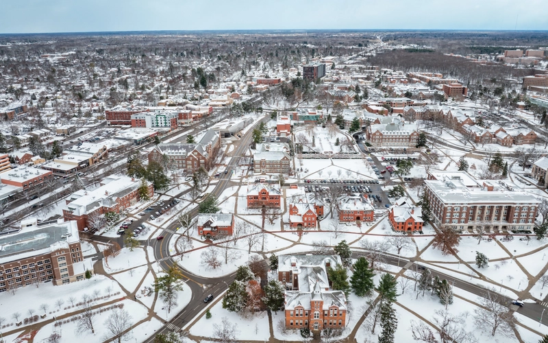 Drone photo of MSU's north campus during winter