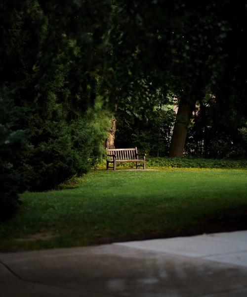 A wooden bench outside Beal Gardens