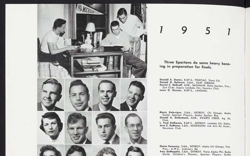 1951 Michigan State College yearbook page featuring students studying in a dorm and headshots.