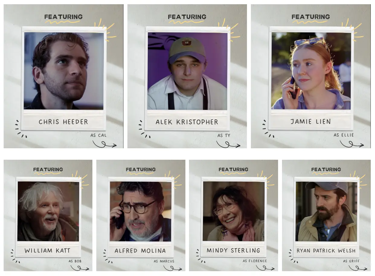 Portraits of the cast of "When We Get There" with their roles.
Featuring: Chris Heeder as Cal, Alek Kristopher as Ty, Jamie Lien as Ellie, William Katt as Bob, Alfred Molina as Marcus, Mindy Sterling as Florence, and Ryan Patrick Welsh as Griff