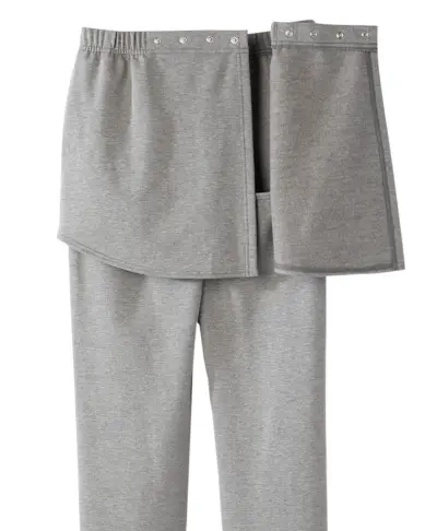 Grey adaptive sweatpants with a snap-fastener waist flap on a white background.