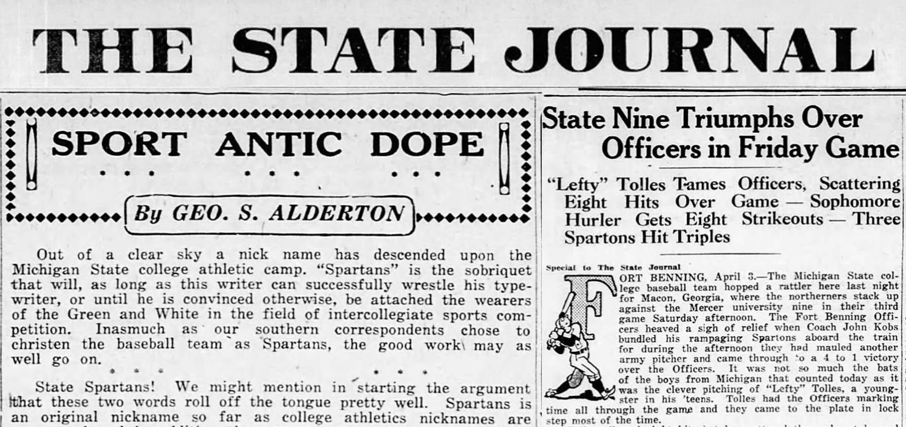 A collage of stories from the Lansing State Journal from 1926. THE STATE JOURNAL reads across the top. The left article SPORT ANTIC DOPE is declaring Spartans the nickname of MSU Athletics. The right article is the first story to call MSU Spartans as STATE NINE TRIUMPHS OVER OFFICERS IN FRIDAY GAME