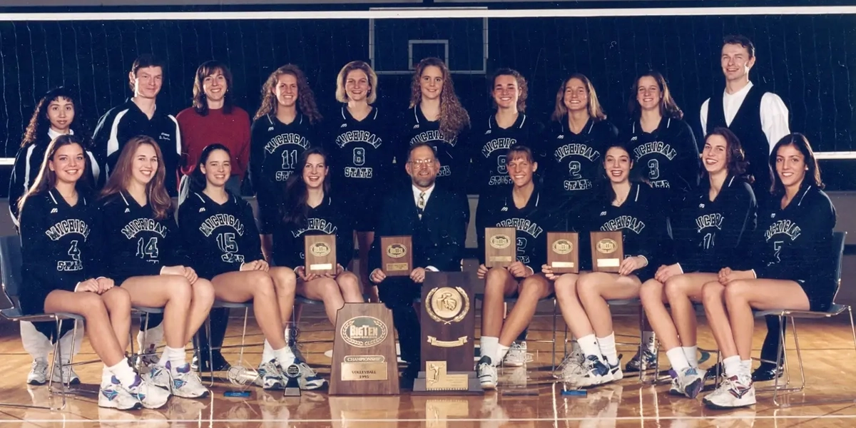 Team photo of Michigan State University volleyball team in 1995.