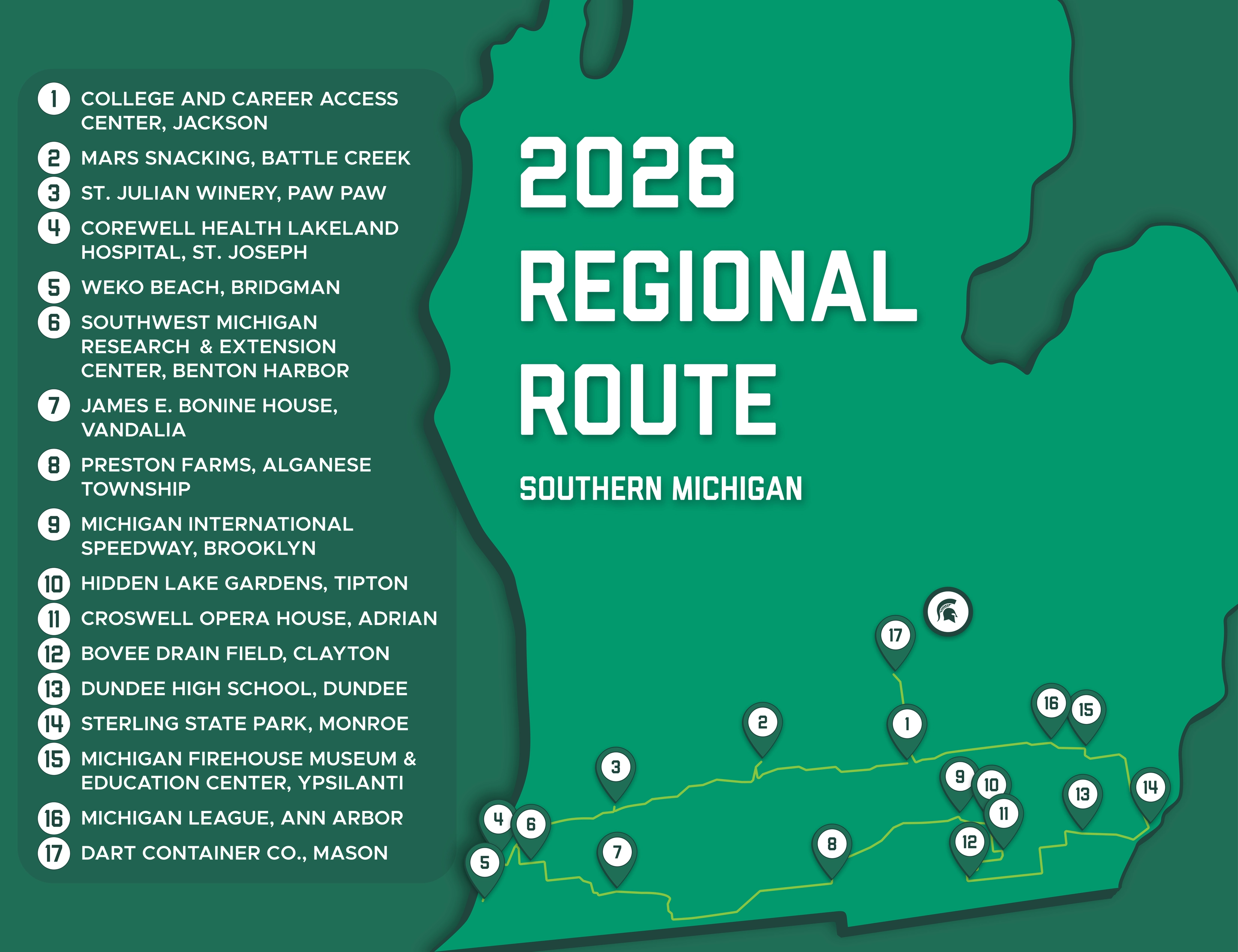 Alt Text (Accessibility) - Version 1
Illustrated map highlighting the 2026 Spartan Bus Tour Regional Route Southern Michigan. The graphic includes a route line, location markers and a destination list featuring 17 numbered destinations including:

College and Career Access Center, Jackson; 
Mars Snacking Foundation, Battle Creek; 
St. Julian Winery, Paw Paw; 
Corewell Health Lakeland Hospital, St. Joseph; 
Weko Beach, Bridgman; 
Southwest Michigan Research and Extension Center, Benton Harbor; 
James E. Bonine House, Vandalia; 
Preston Farms, Algansee Township; 
Michigan International Speedway, Brooklyn; 
Hidden Lake Gardens, Tipton; 
Croswell Opera House, Adrian; 
Bovee Drain Field, Clayton; 
Dundee High School, Dundee; 
Sterling State Park, Monroe; 
Michigan Firehouse Museum & Education Center, Ypsilanti; 
Michigan League, Ann Arbor; 
Dart Container Co., Mason