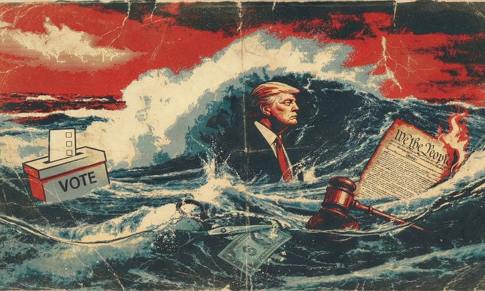 Illustration of President Trump amid stormy waves with symbols of voting, law, and the Constitution.