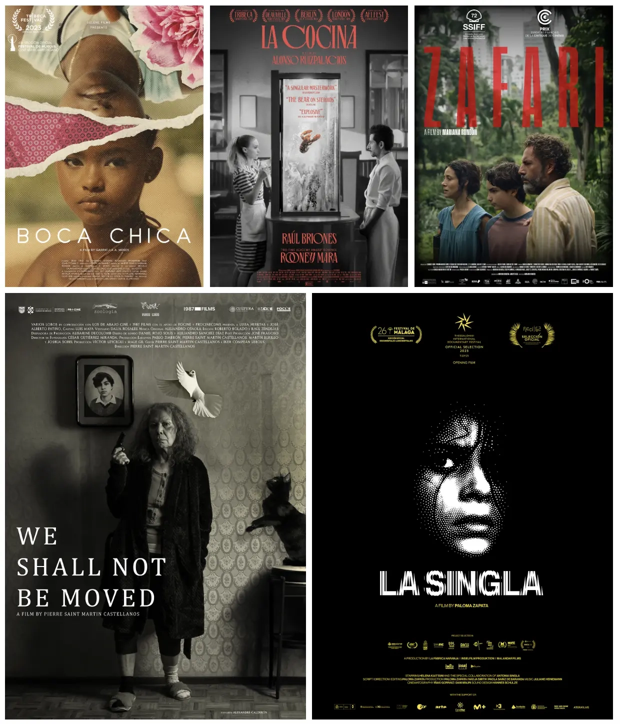 A collage of 5 movie posters, (From left to right, Boca Chica, La Cocina, Zafari, We Shall Not Be Moved, and La Singla)