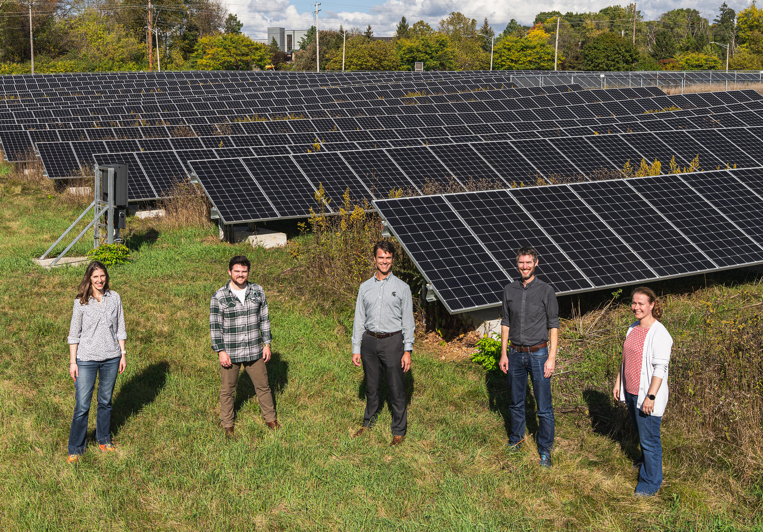 MSU researchers will study similar local solar parks to determine how they impact the environment around them. Pictured here: Phoebe Zarnetske, Jake Stid, Anthony Kendall, Adam Zwickle and Annick Anctil.