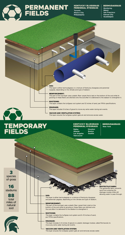 MSU researchers explain the layers of the turfgrass system for the FIFA World Cup 2026 fields.

Permanent fields include:
Sod - Either Kentucky bluegrass and ryegrass or bermudagrass
Reinforcement - Green plastic fibers woven into the sod to make it stronger
Rootzone - Twelve inches of sand, per FIFA requirements
Drainage - A layer of gravel to move extra water 
Ventilation and vacuum - Makes sure air can reach the roots and excess water is removed

Temporary fields include:
Sod - Either Kentucky bluegrass and ryegrass or bermudagrass
Reinforcement - Green plastic fibers woven into the sod to make it stronger
Rootzone - Six inches of sand, per FIFA requirements
Drainage - A layer of gravel or a plastic Permavoid system to move extra water 
Ventilation and vacuum - Makes sure air can reach the roots and excess water is removed
