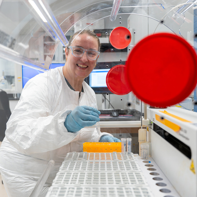 Janet Burke, MSU fixed-term assistant professor, prepares samples.