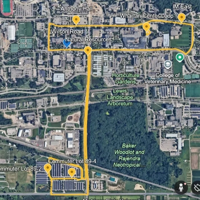 Satellite image of the SpartanXpress bus route.