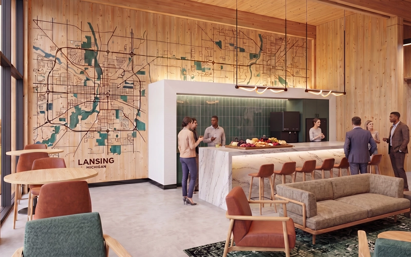 Rendering image showing the interior of the Rosenberg Center. A wall with the map of the city of Lansing is detailed along with tables and seats in a meeting space.